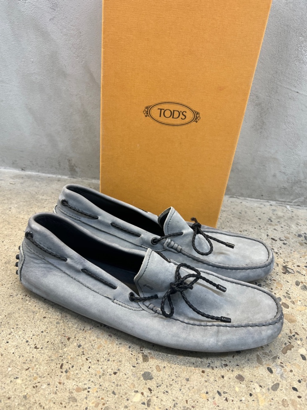 Tod's Light Gray Suede Driving Loafers with Braided Laces